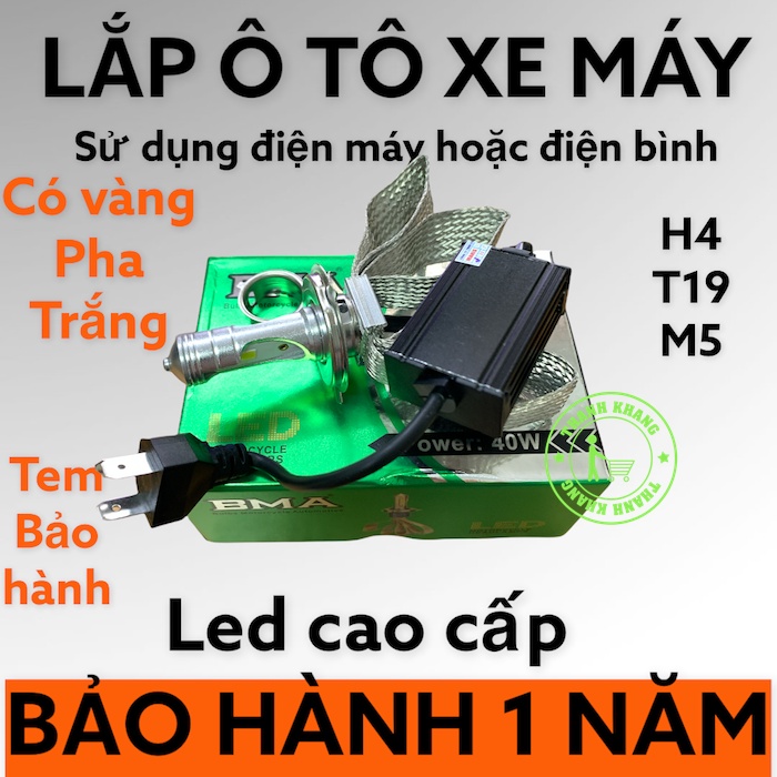 Đèn pha led 4 tim BMA-DPL-L2 H4,M5 Cos vàng đậm pha trắng chính hãng siêu sáng bảo hành 1 năm gắn pha xe máy Thanh Khang