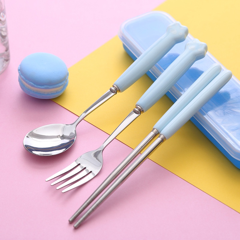Bộ đồ ăn đũa/muỗng/nĩa cá nhân bằng sứ cao cấp (hoạ tiết chân mèo) kèm hộp đựng sang trọng cho dân văn phòng, học sinh