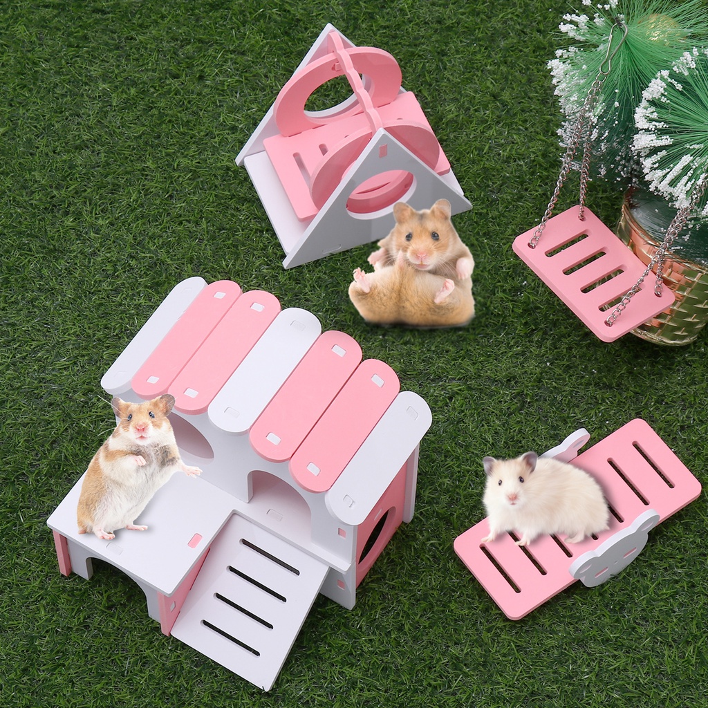 Set đồ chơi nhà gỗ diy phụ kiện lồng cho hamster vật nuôi nhỏ giảm buồn bực
