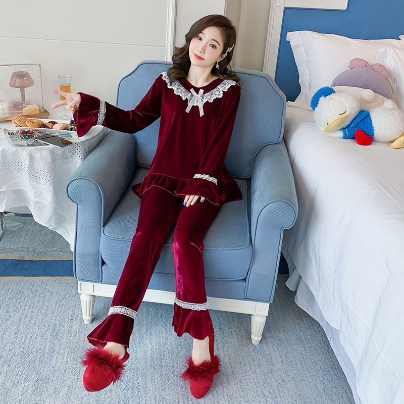 Bộ đồ ngủ vải nhung phối ren phong cách Hàn Quốc sang trọng thời trang xuân thu cho nữ