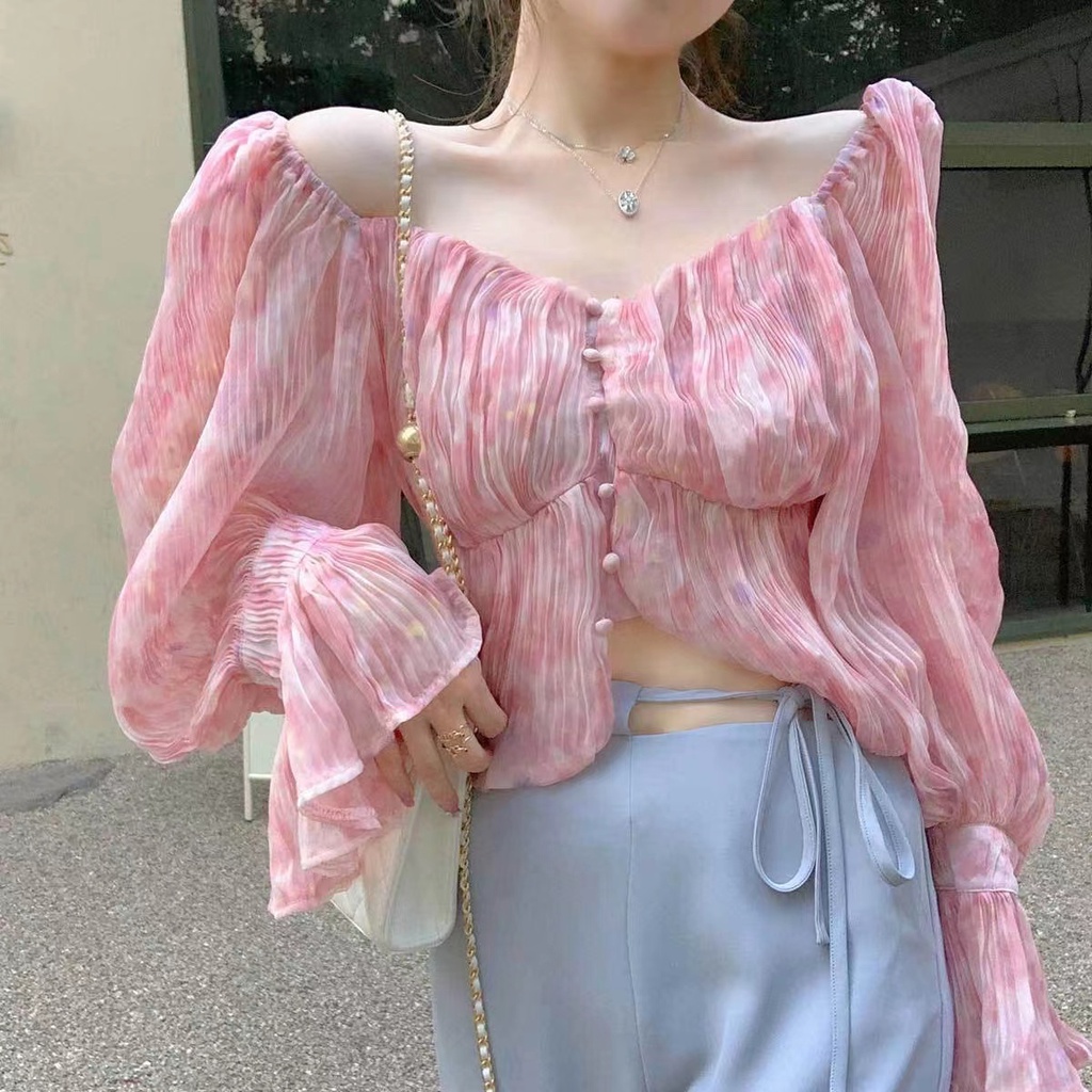 Áo Kiểu Tay Dài Dáng Ôm Màu Hồng Phong Cách retro Hàn Quốc Thời Trang Cho Nữ