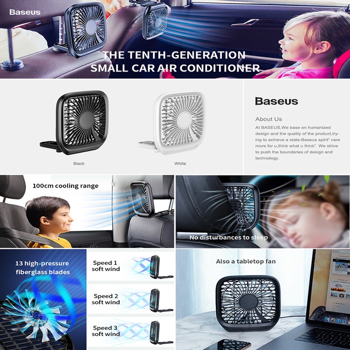 Quạt xếp gắn lưng ghế ô tô Baseus CXZD-01, 3.6 W, 5V/1A, Car Fan for Back Seat - USB Foldable Electric Fan 3-Speed