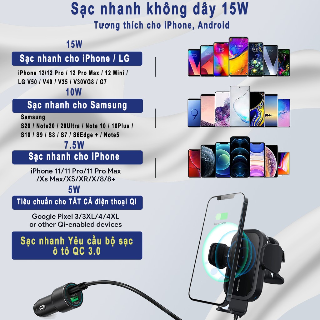 Bộ sạc ô tô không dây không dây, Sạc nhanh 15W / 10W / 7,5W Qi Giá treo tự động kẹp (Đen) | BigBuy360 - bigbuy360.vn
