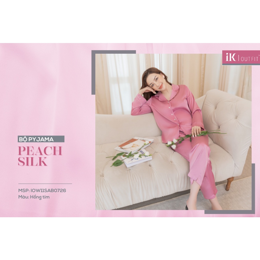 Bộ đồ mặc nhà Ik cao cấp, set đồ ngủ Pijama nữ dáng dài kiểu trơn đơn giản, lịch sự phối viền chấm bi tinh tế
