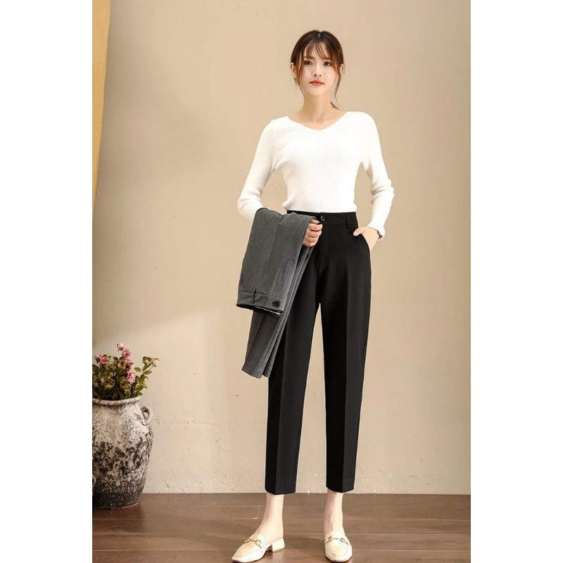 Quần tây nữ công sở lưng cao có đai bigsize dáng đứng ống dài Chất vải trơn - Quần baggy đen cạp cao nữ mặc đi học sinh | BigBuy360 - bigbuy360.vn