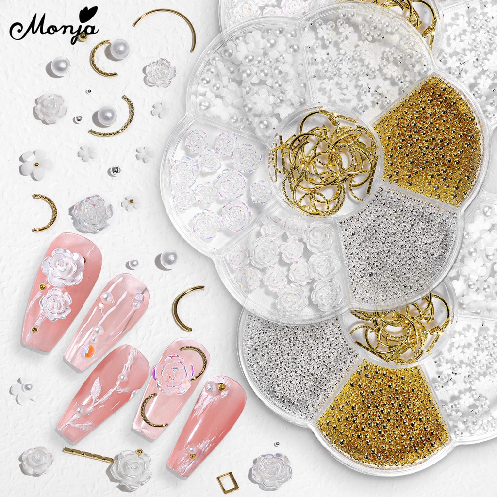 Phụ kiện đính trang trí móng tay Monja 7 ngăn hình gấu/ nơ/ bướm kim tuyến cực quang bằng hợp kim DIY