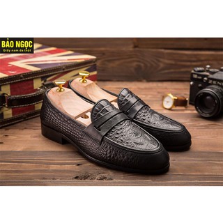 {VIDEO TEST LỬA} Giày Da Nam - Giày Lười Nam Da Bò Thật Dập Vân Cá Sấu Sang Trọng - Đế Cao Su Đúc Cao 3cm