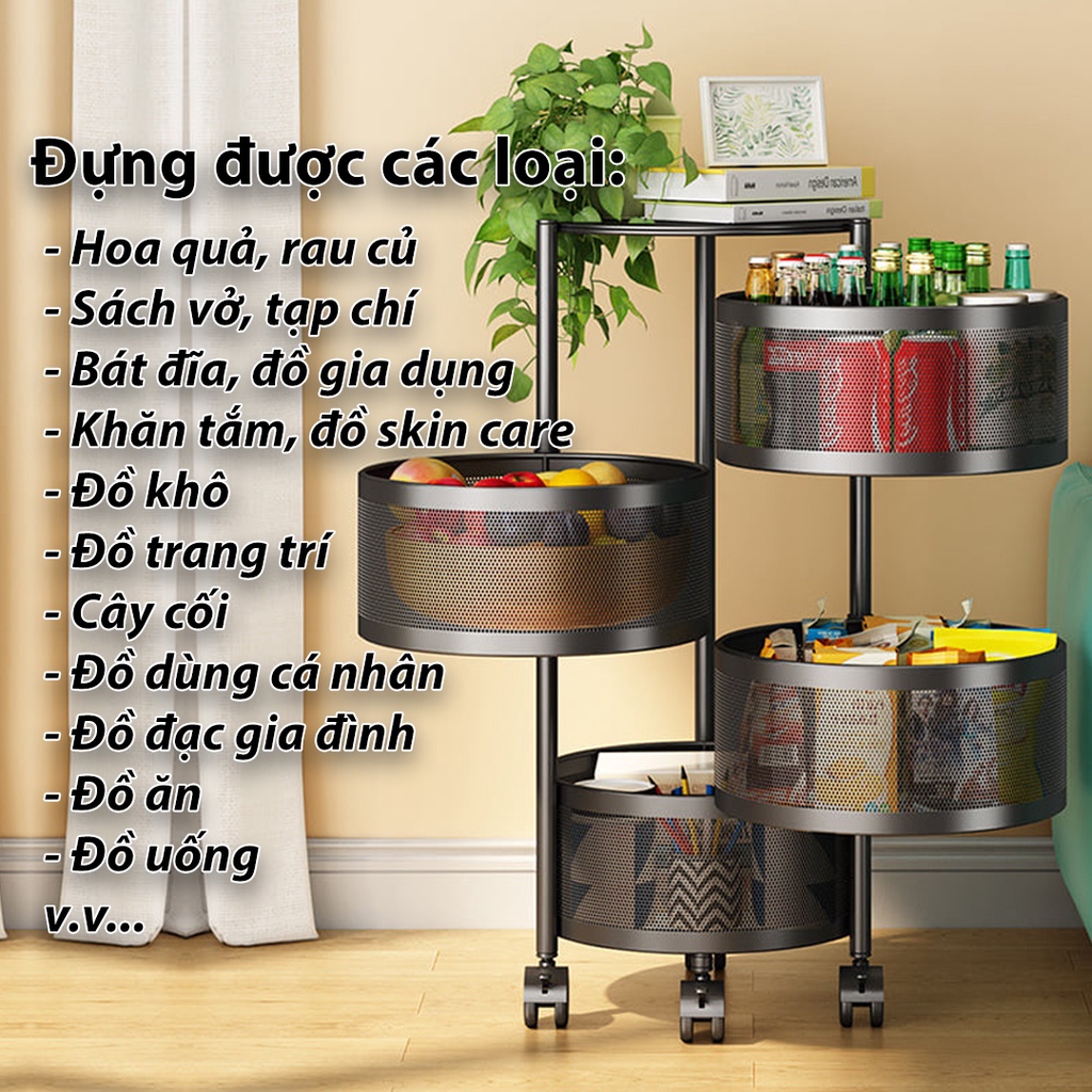 [ TẶNG KỆ TREO TƯỜNG ] Kệ Tròn Xoay Đa Năng - Xoay 360 Độ Có Kèm Bánh Xe Dễ Di Chuyển - Phù hợp mọi không gian