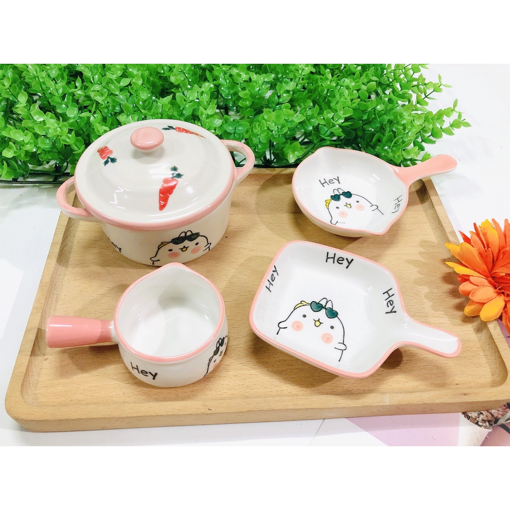 Set bát sứ ăn dặm cho bé xinh yêu: 1 nồi có nắp S39, 1 đĩa tròn S40, 1 đĩa vuông S40 + 1 gáo S41 - Combo 𝐒𝟒𝟐