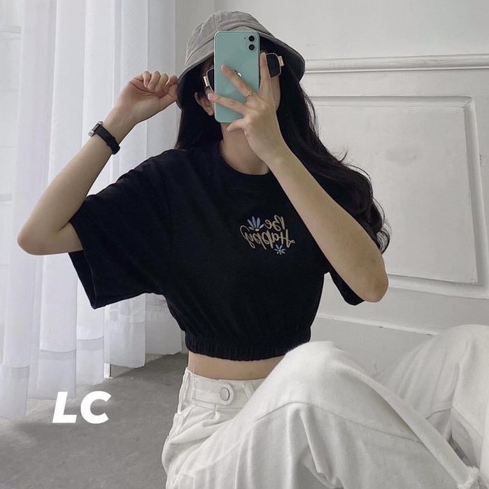 Áo Croptop Bo Chun Thêu Chữ BE HAPPY Nữ ❤️ Hana Store - Freeship ❤️ Thun hở bụng cổ tròn màu đen trơn Ulzzang