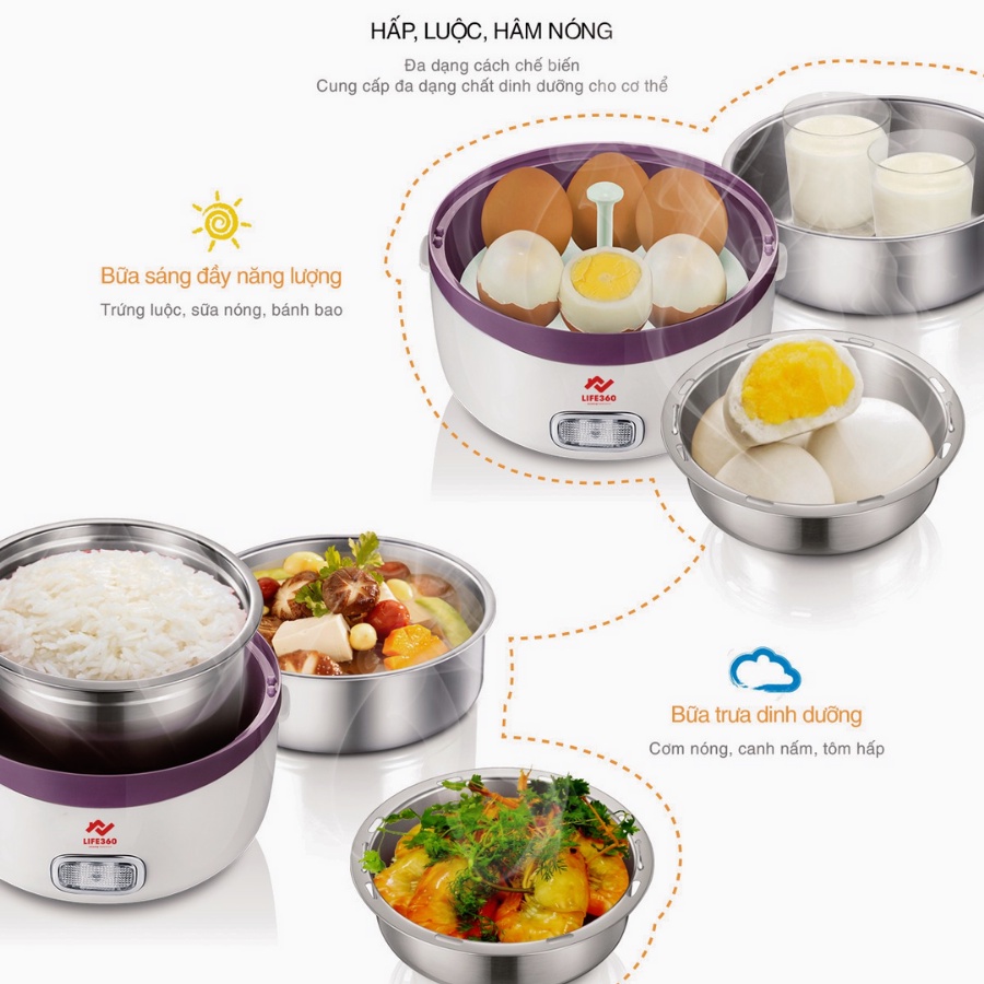 Hộp cơm cắm điện + hộp cơm hâm nóng 2 tầng Life360 EL-ALS263 (Tím), nấu chín và hâm nóng đồ ắn,bảo hành chính hãng 1 năm