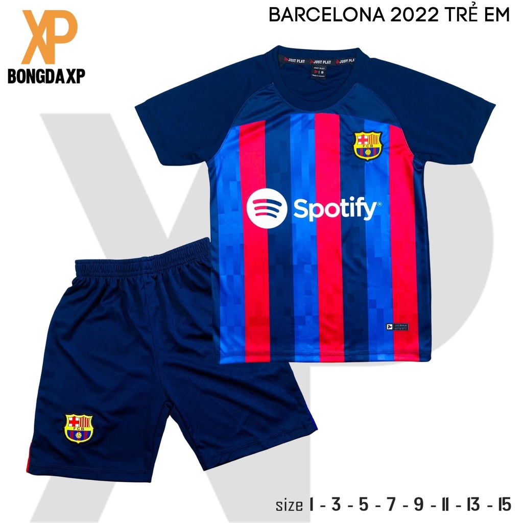 Quần áo bóng đá trẻ em, đồ đá banh cho bé Barce Mới Siêu cưng Vải thun lạnh cao cấp