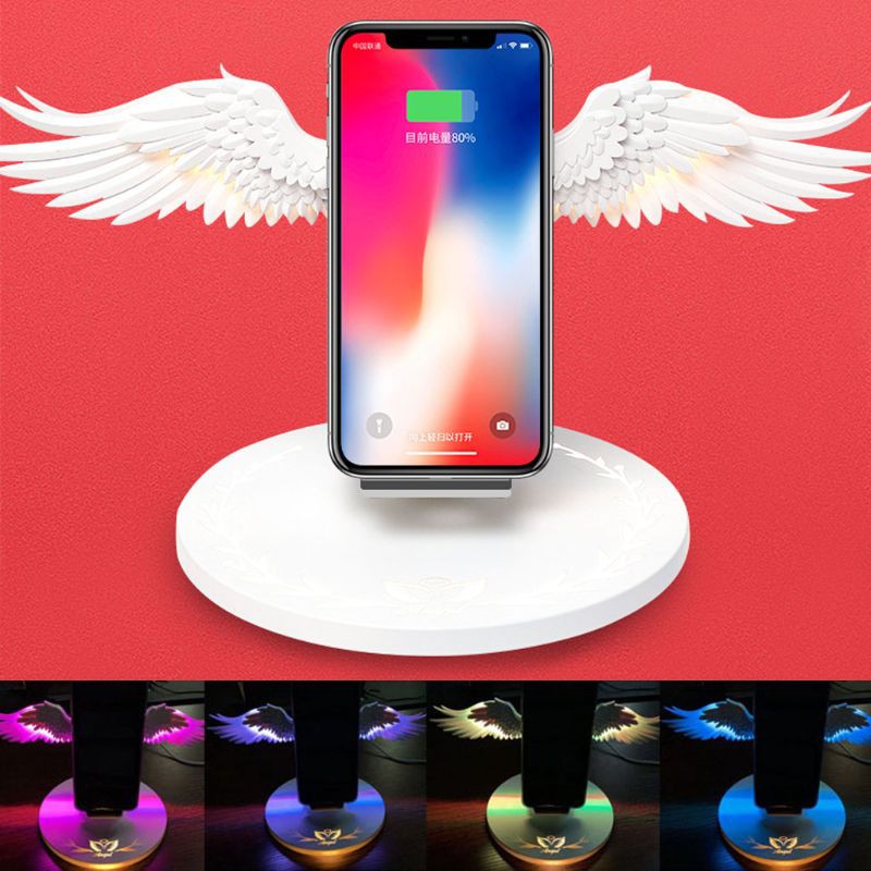 Đế Sạc Không Dây Qi 10w Hình Đôi Cánh Thiên Thần Có Đèn Led Nhiều Màu Cho Iphone 11 Pro X Xr 8 Plus Smasung S9 S10