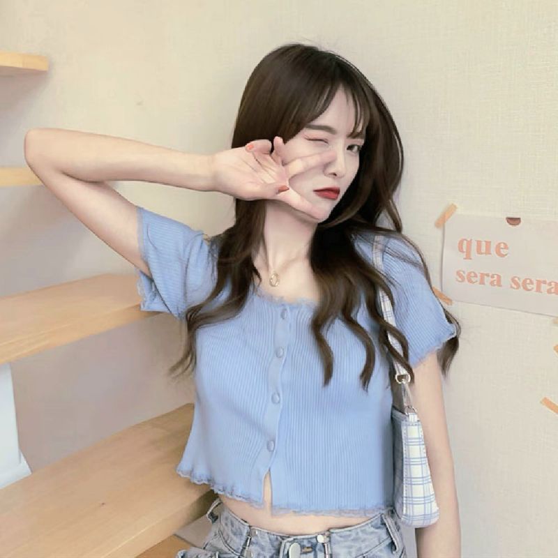 Áo Croptop Thun Ôm Nút Viền Ren Ulazzang Hot Tuyết's House A23-1