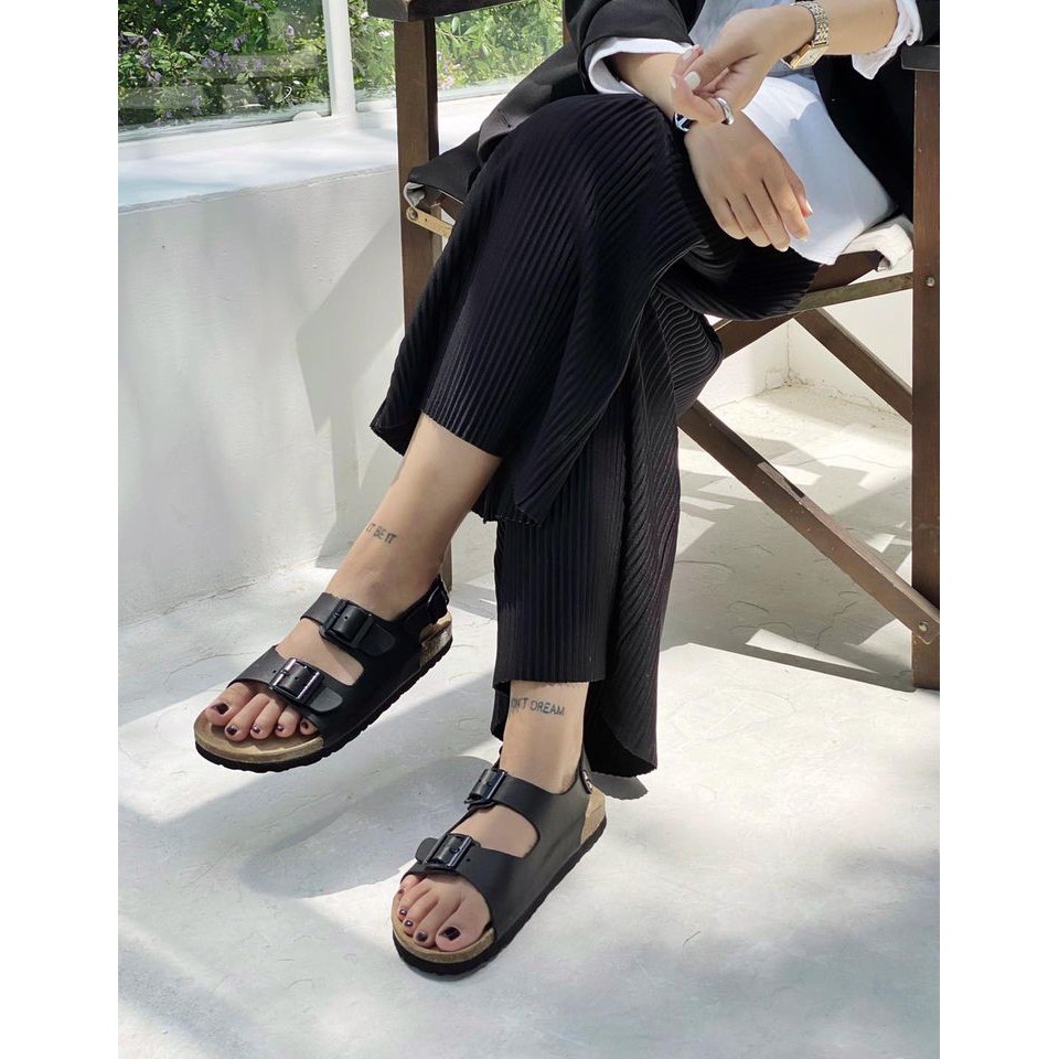 Giày sandal unisex Quai Ngang 2 Khóa HUUCUONG Quai Da Thật Màu Đen Đế Trấu