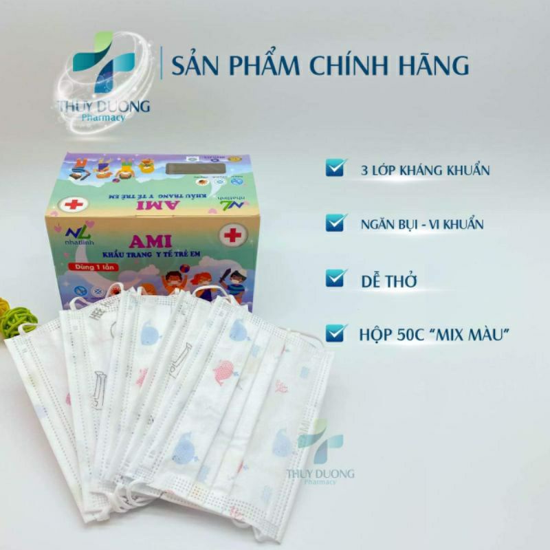 (Hộp 50 chiếc) Khẩu trang trẻ em Ami hoạ tiết hộp 50 chiếc mix màu