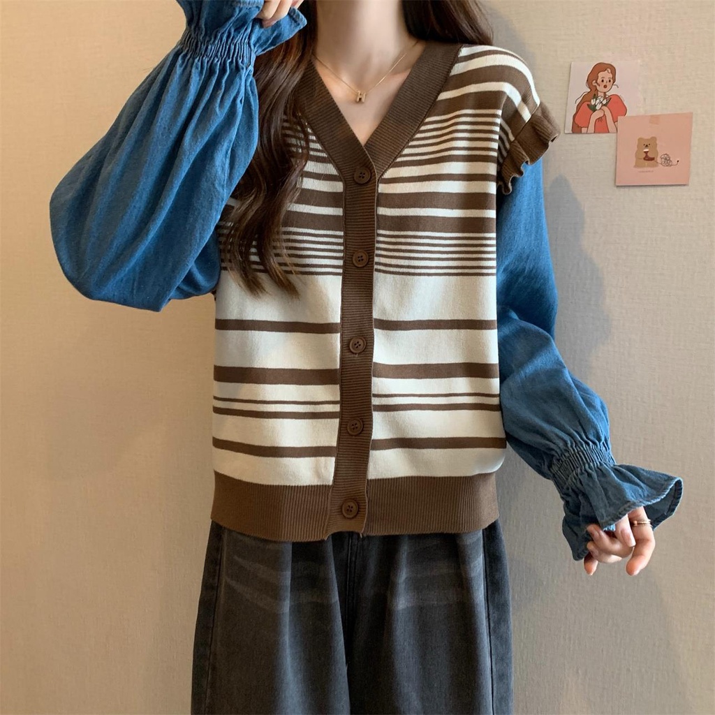 Áo khoác cardigan dệt kim ZHELIHANGFEI tay dài dáng rộng giả hai lớp dễ phối đồ thời trang cho nữ