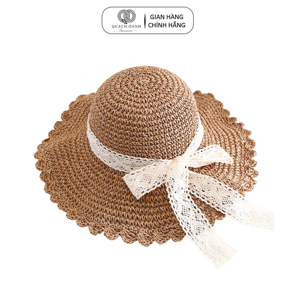 Mũ nón cói QO ACCESSORIES vành rộng lượn sóng dây nơ ren cho mẹ và bé đi biển mùa hè MU39
