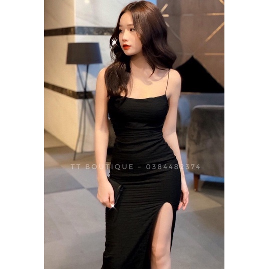 Đầm xốp xẻ tà Đan dây lưng.