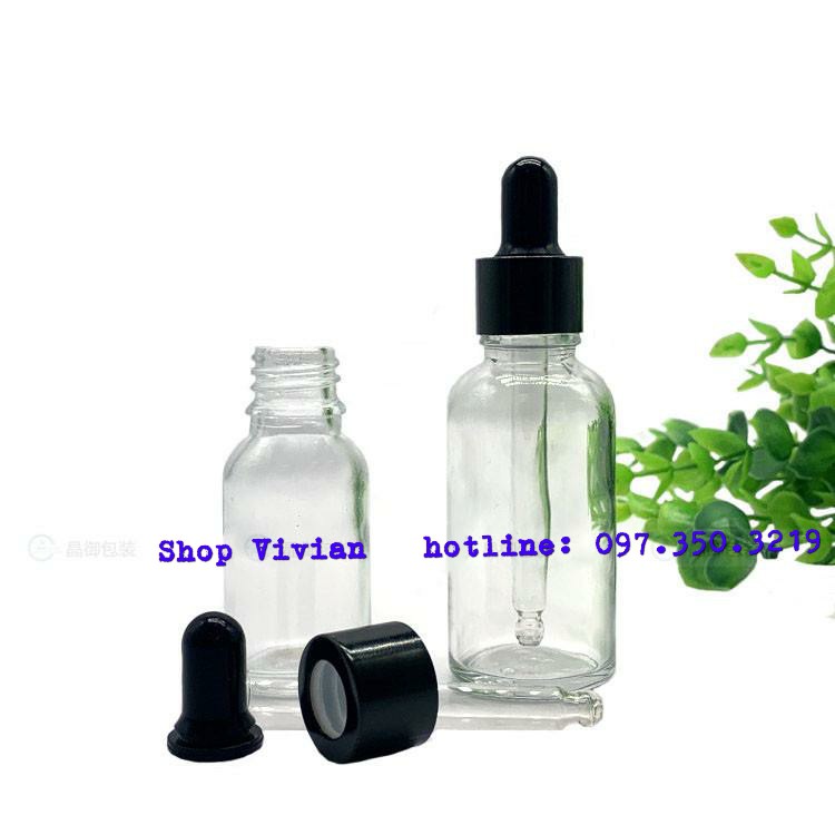 Chai đựng Tinh Dầu, Serum 20ml, Thuỷ Tinh Trong suốt, Nắp Bóp Đen bóng