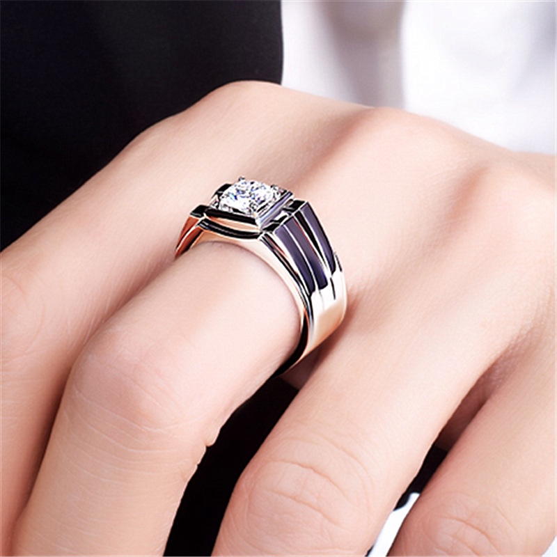 Nhẫn Vàng Trắng Đơn Giản Thời Trang Nam Nhẫn Đính Hôn Kim Cương Đá Quý Trắng