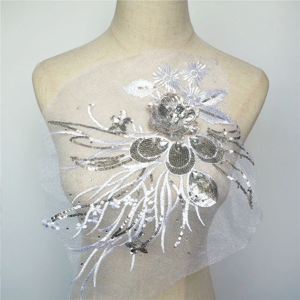 Miếng Vải Ren Thêu Hình Lông Công Đính Kim Sa Lấp Lánh Trang Trí Váy Cưới diy