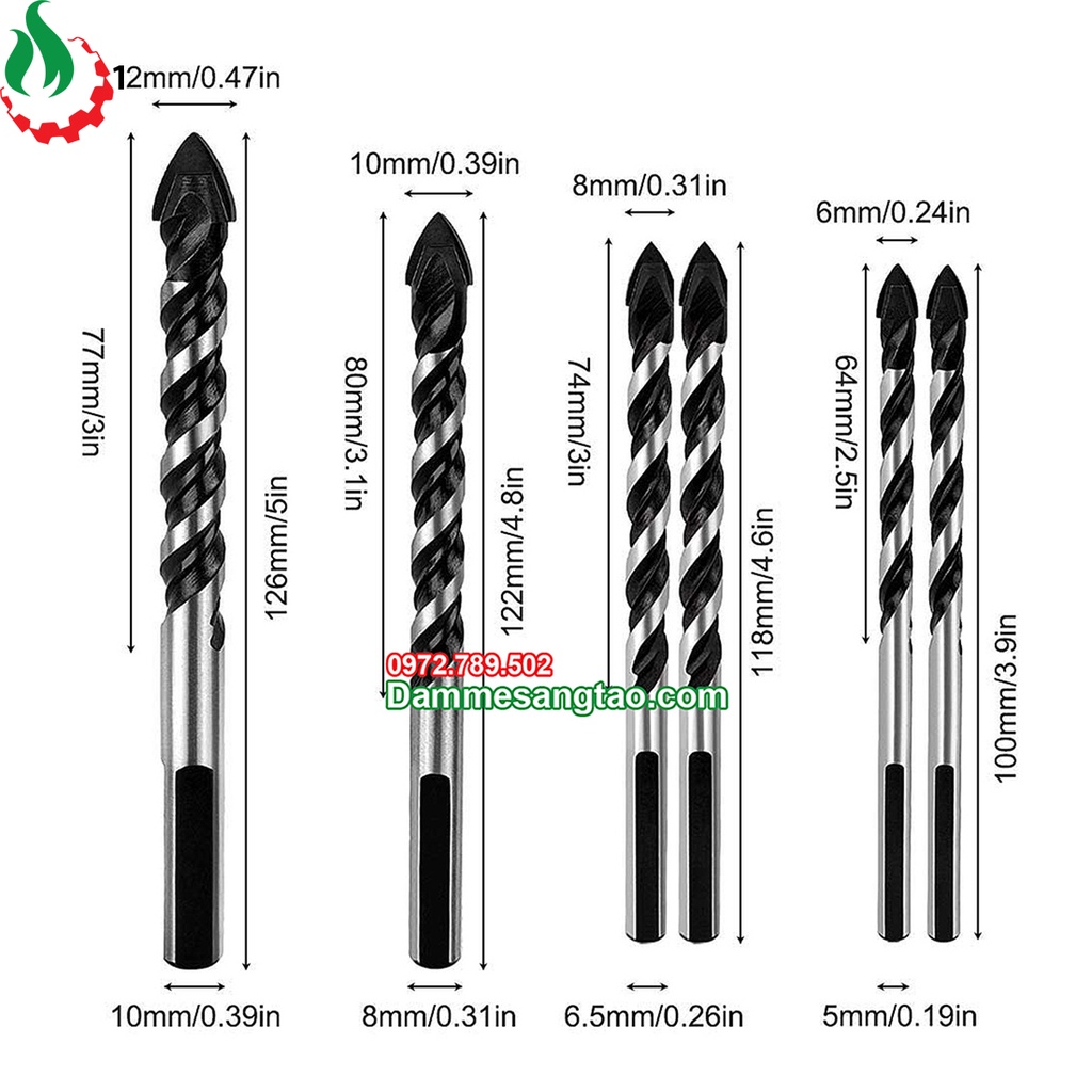 Bộ 4 Mũi Khoan Đa Năng 6-12mm Mũi Khoan Gạch, Kính, Gốm, Sứ....