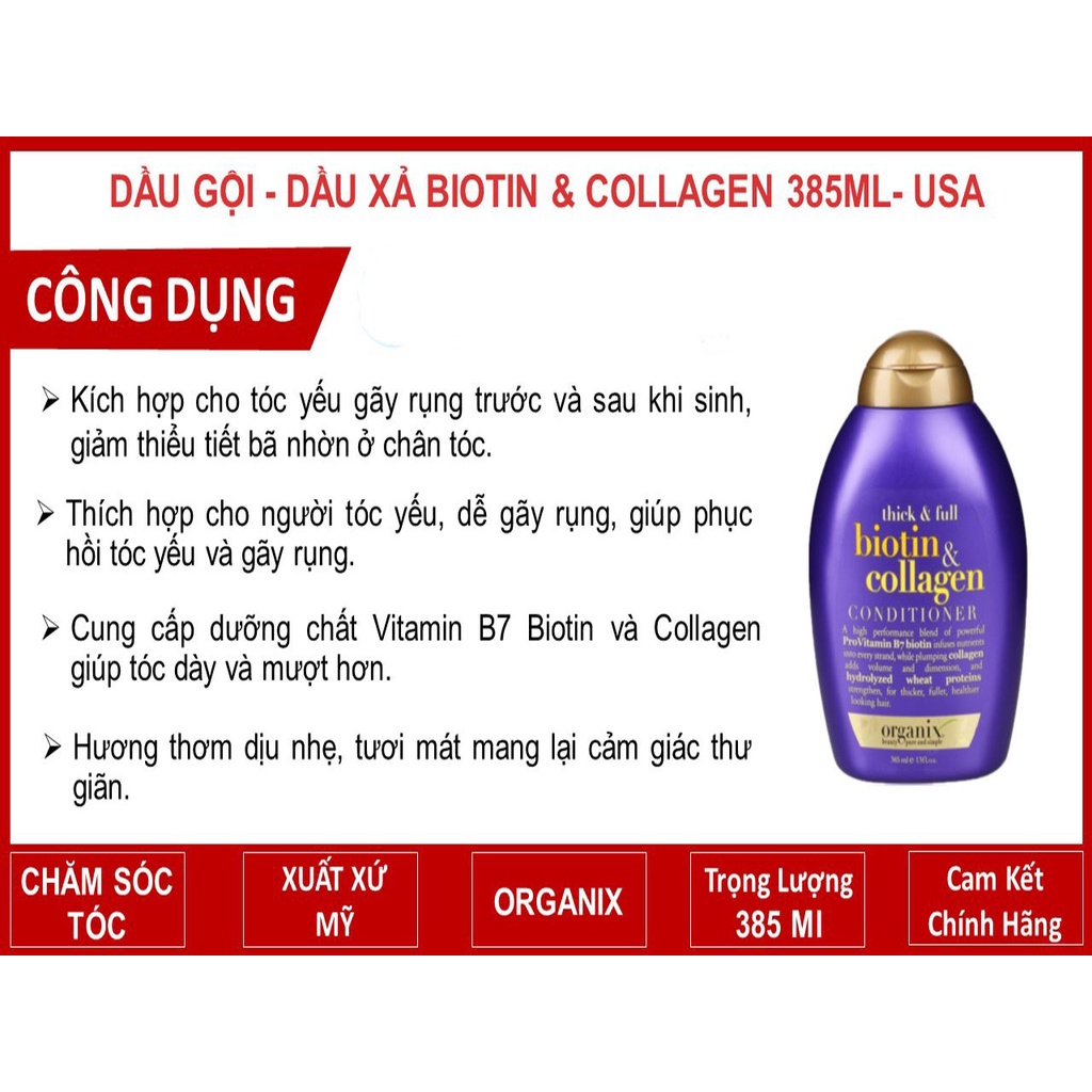 Cặp dầu gội xả mọc tóc OGX Biotin &amp; Collagen Chính Hãng Hiệu quả - HONGS BEAUTY