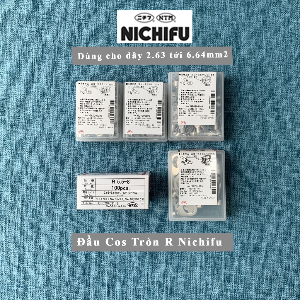 Đầu cos tròn R5.5 Nichifu Nhật Bản- Đầu cốt tròn loại trần -Cho dây 2.63 tới 6.64mm2 R5.5-4 R5.5-5 R5.5-6 R5.5-8 R5.5-12