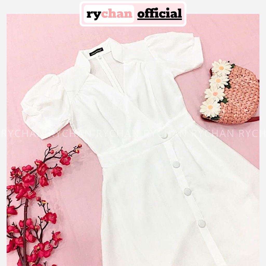 Đầm Váy Nữ Dự Tiệc Cổ Úp Tay Phồng Nút Trước Bo Eo Cực Quyến Rũ Màu Cam Trắng Vàng [ẢNH THẬT CUỐI] - DX9869