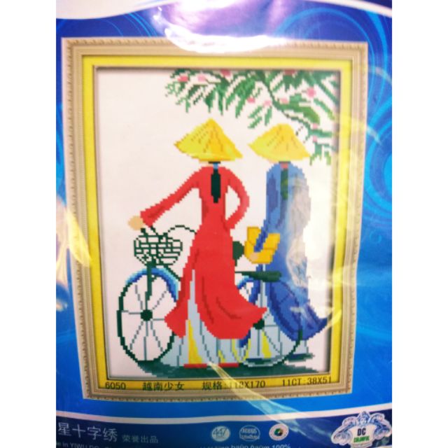 Tranh thêu chữ thập thấp thoáng áo dài nhiều mẫu