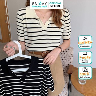 Áo len mongtoghi cổ polo cộc tay kẻ ngang áo thun mùa thu phong cách Hàn Quốc Friday