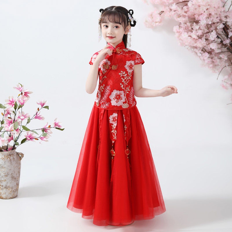 Bộ Đầm Sườn Xám Tay Ngắn Phong Cách Trung Hoa Thời Trang Mùa Hè Xinh Xắn Cho Bé Gái