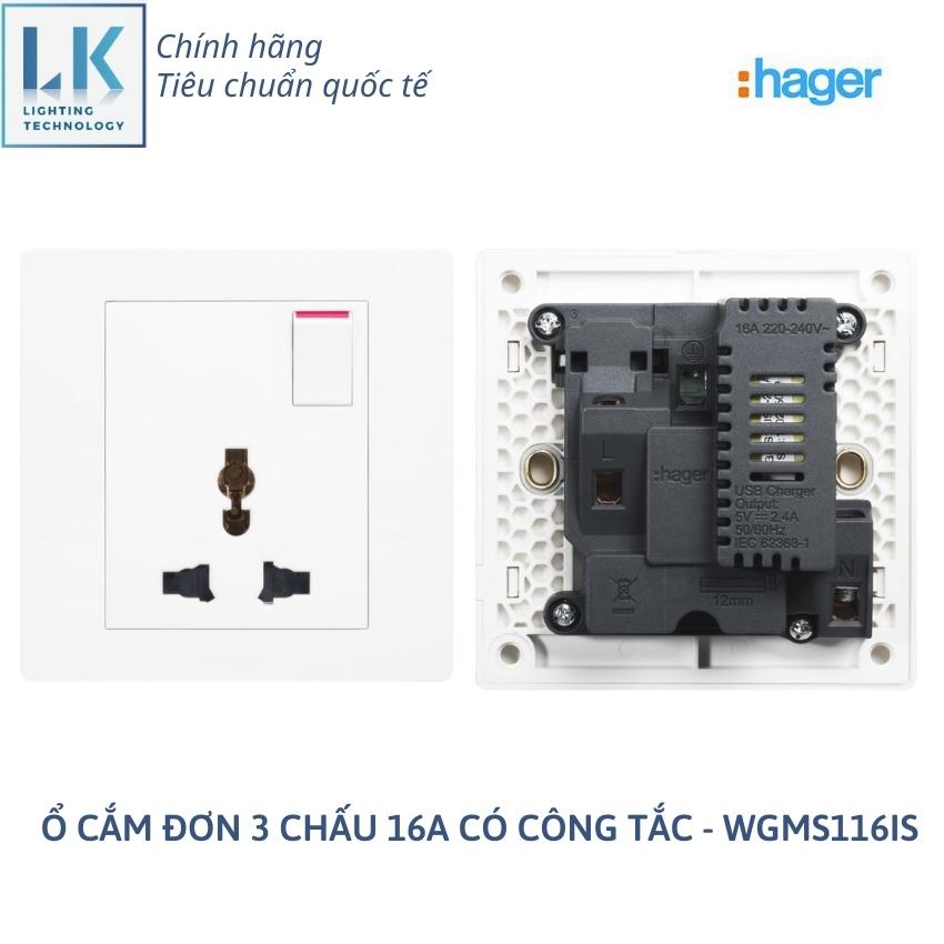 Ổ CẮM ĐƠN 3 CHẤU 16A CÓ CÔNG TẮC HAGER - WGMS116IS -CHÍNH HÃNG GIÁ GỐC - LK LIGHTING PHÂN PHỐI, BẢO HÀNH 12 THÁNG