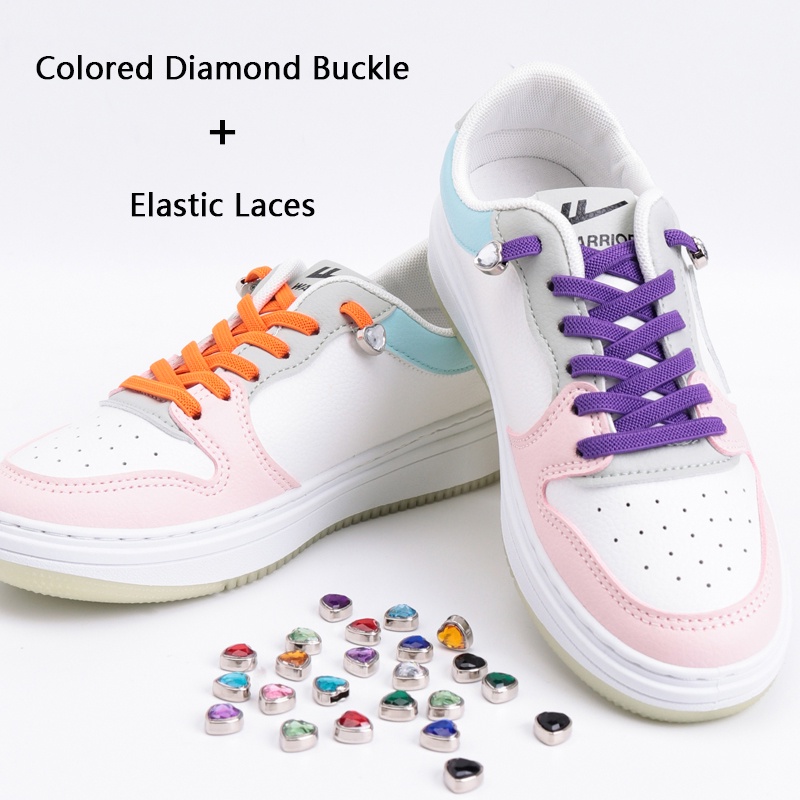 Dây Buộc Giày Mặt Phẳng 24 Màu Co Giãn Không Cần Buộc Hình Trái Tim Đính Kim Cương Cho Nam Nữ