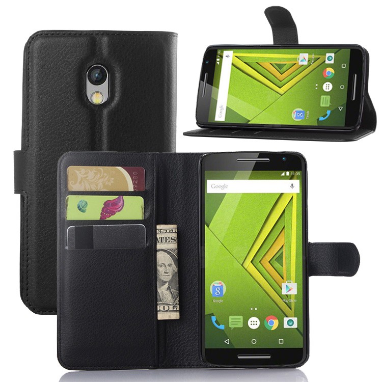 Motorola Moto X Play Case Litchi Leather Wallet Flip Card Slots Stand Holder