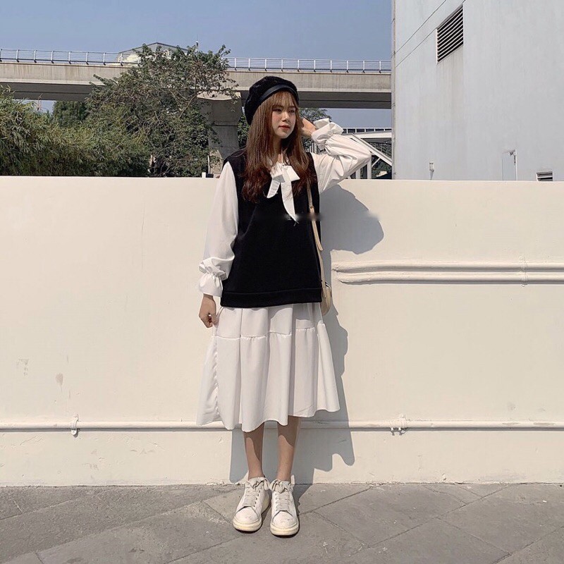 Váy babydoll kèm áo gile, set váy ulzzang dáng dài mix áo gile suông thụng | BigBuy360 - bigbuy360.vn