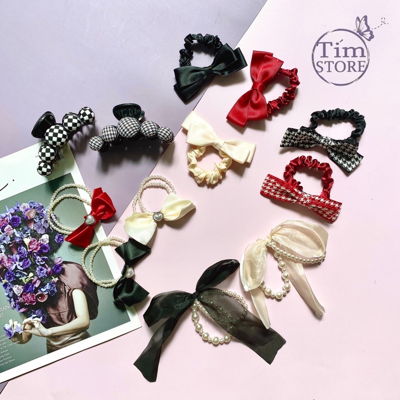 Dây cột tóc và kẹp tóc nơ nhiều mẫu đen đỏ trắng TÍM STORE phụ kiện tóc nữ phong cách hàn quốc
