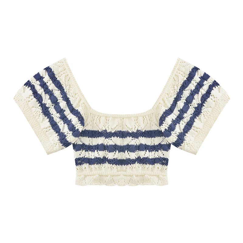 QADCOL  Áo Croptop Cổ Vuông Viền Bèo Họa Tiết Kẻ Sọc Màu Sắc Tương Phản Thời Trang Mùa Hè Cho Nữ