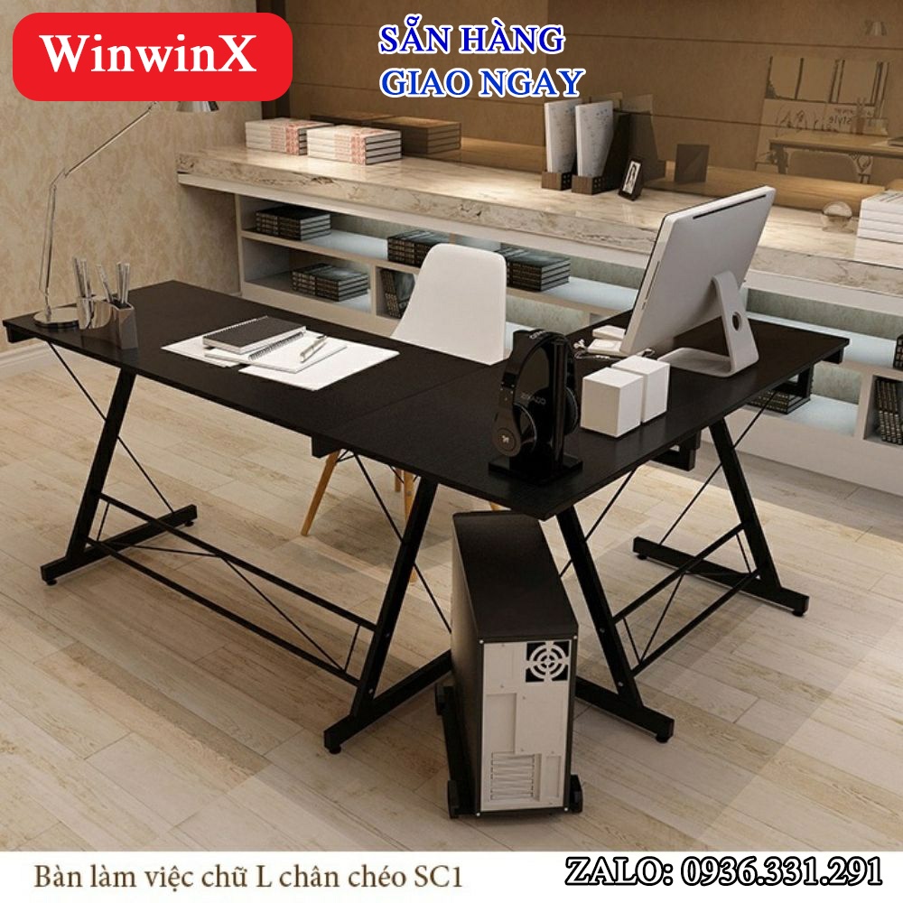 Bàn làm việc chữ L chân chéo mặt gỗ phủ laminate có khung chân sắt bàn văn phòng tiện dụng, đa năng, rộng rãi
