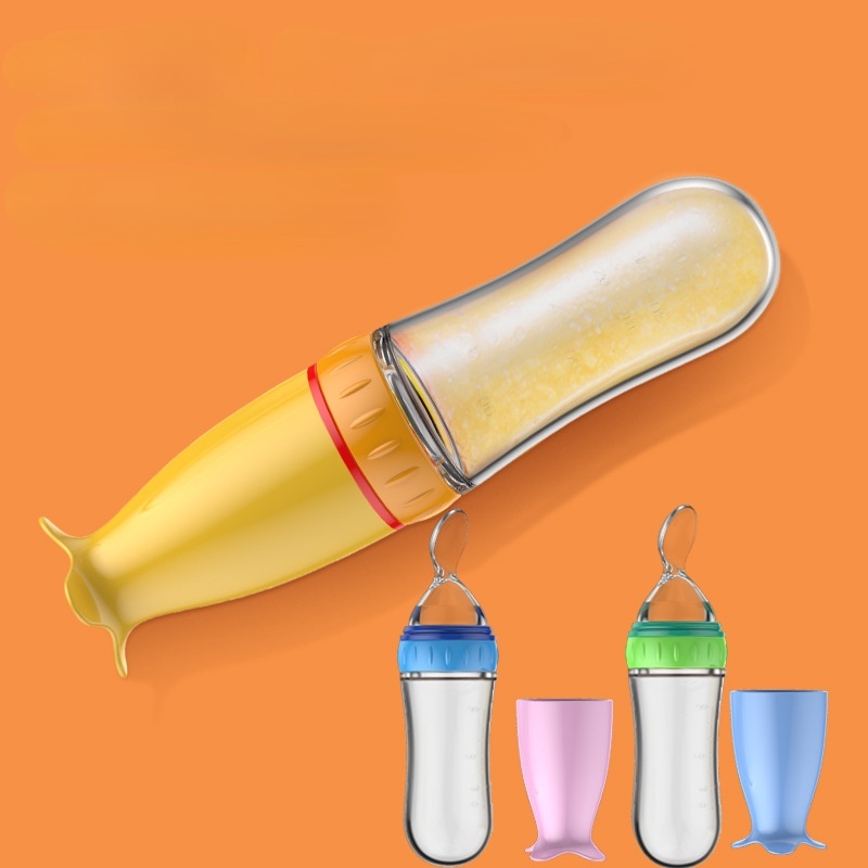 Bình đựng thức ăn đầu có muỗng bằng chất liệu silicon mềm dung tích 90ml tiện dụng cho bé