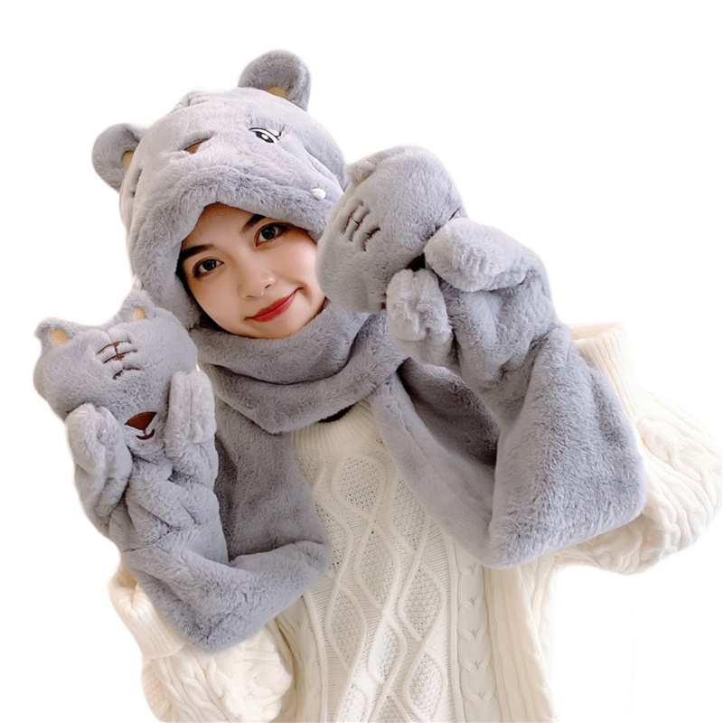 Khăn Choàng Lông Cừu Có Mũ Trùm Đầu Kèm Găng Tay Giữ Ấm Tiện Lợi