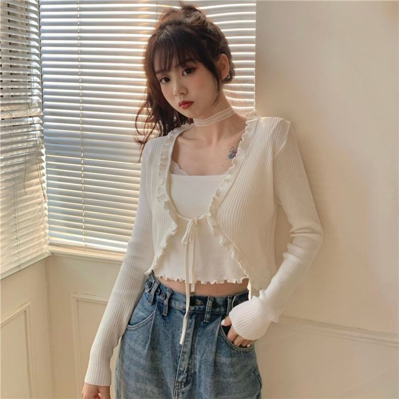 SET 2 MÓN ÁO CROPTOP DÀI TAY TĂM DÂY RÚT NỮ :cherry_blossom: ÁO CARDIGAN NGẮN VIỀN BÈO + ÁO QUÂY BODY TRẮNG | ĐEN ULAzan | BigBuy360 - bigbuy360.vn