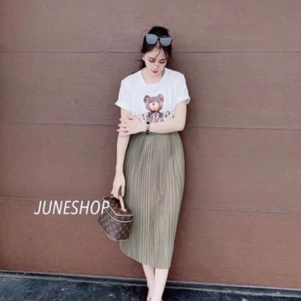 [ 𝐅𝐑𝐄𝐄 𝐒𝐇𝐈𝐏 ] SET ÁO PHÔNG GẤU MIX CHÂN VÁY DẬP LY DÁNG DÀI SIÊU XINH