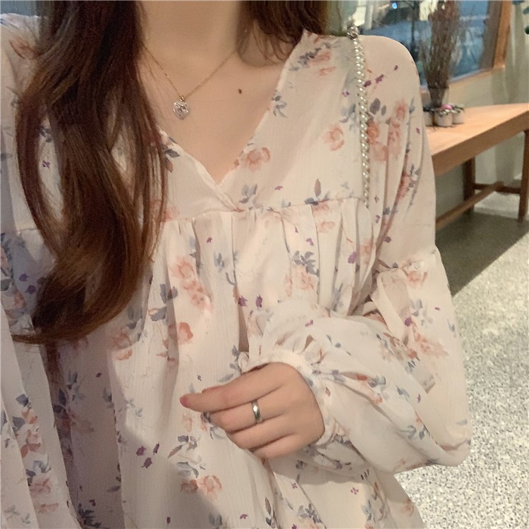 [Mã FASHIONCB81 hoàn tối đa 30K xu đơn 50K] Áo kiểu chiffon tay dài in hoa thời trang cho nữ