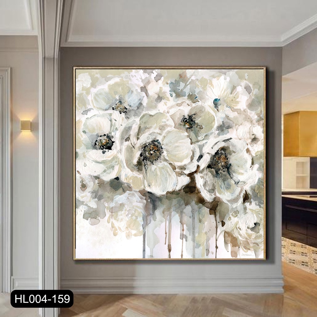 Tranh canvas treo tường hoa màu trắng vintage khổ vuông HL159- 60 x 60 cm
