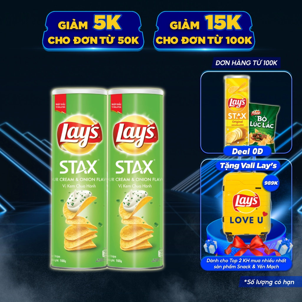 Combo 2 Bánh snack khoai tây miếng Lay's Stax Malaysia vị kem chua hành tây 160g/hộp