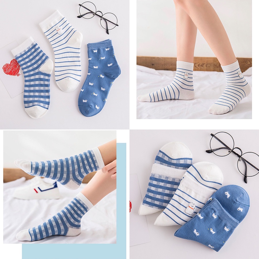 Set 3 đôi vớ nữ cổ cao hàn quốc xanh trẻ trung cao cấp Muzini TN93