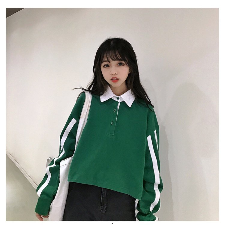 Áo polo Tay Dài Dáng Rộng Ngắn Họa Tiết Kẻ Sọc Thời Trang Hàn Quốc 2022 Mới