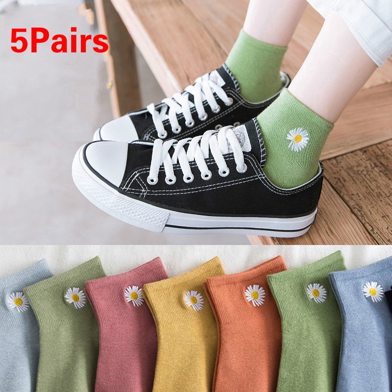 Set 5 Đôi Tất Cotton Mềm Mại Họa Tiết Hoa Cúc Xinh Xắn Cho Nữ